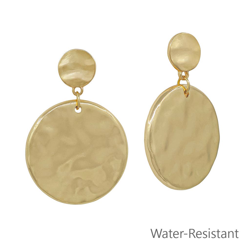 Water Resistant Hammered Gold Double Circle 1.5" Stud Earring