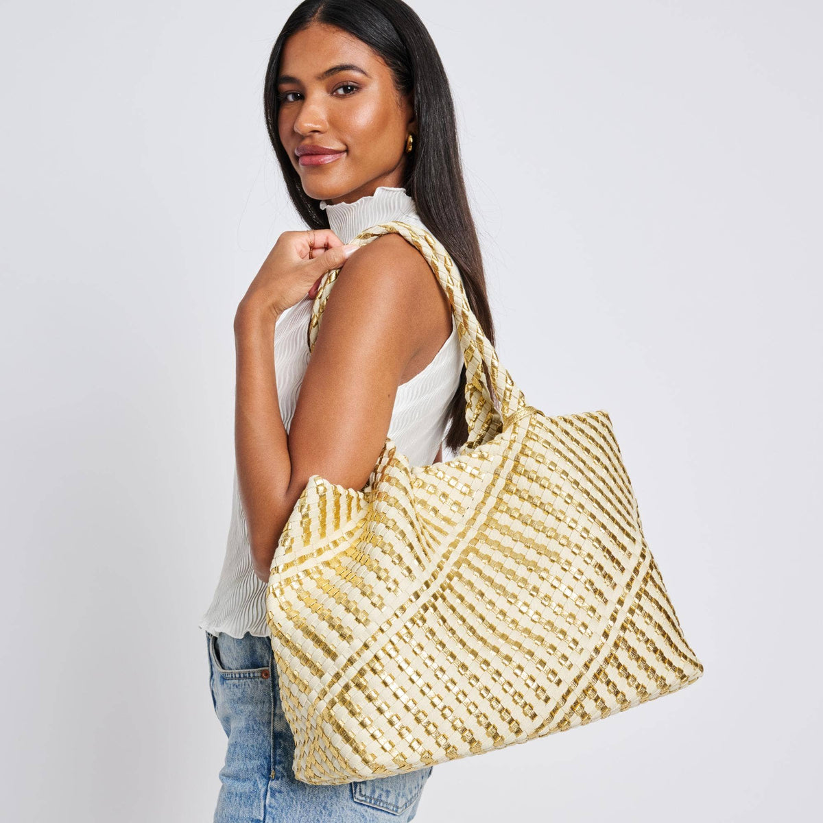 Solana Woven Tote: Gold Ivory