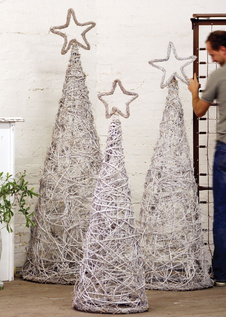 Set of 3 Whitewash Giant Iron Twig Topiaries with Star Finials