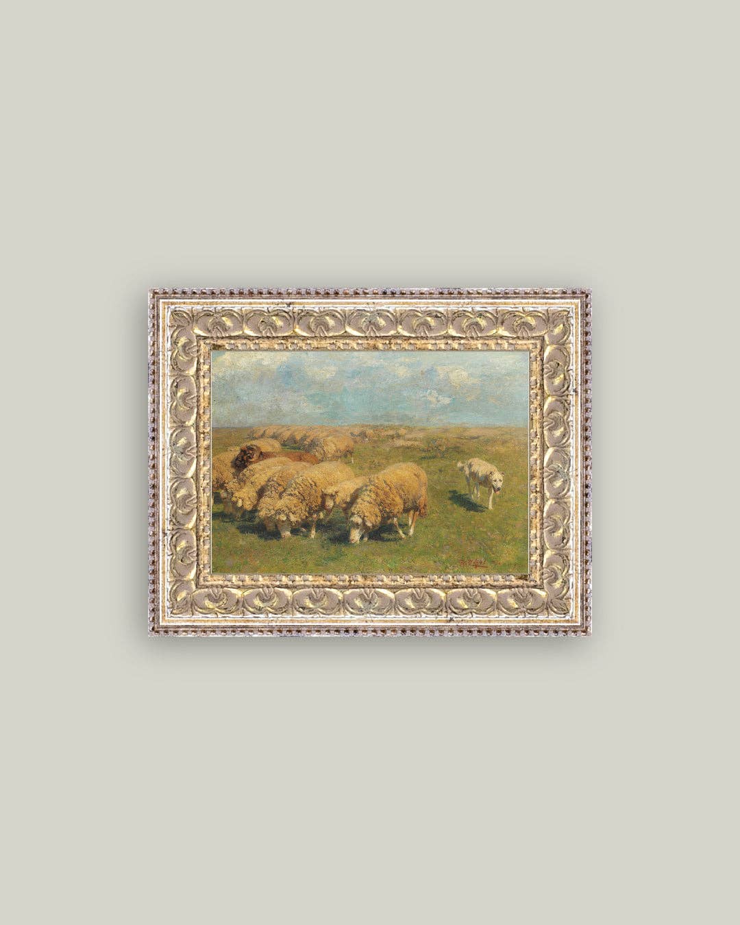 Sheep with Sheep Dog Framed Antique Art: 7x5