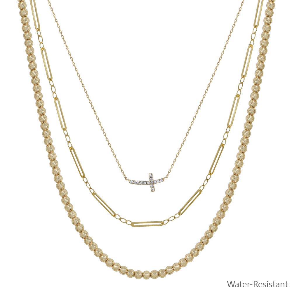 Water Resistant Triple Layered Beaded and Thin Chain with Crystal Sideways Cross 16"-18" Necklace