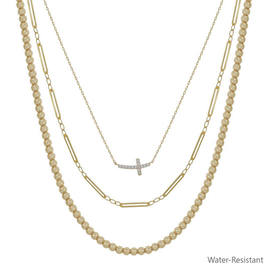 Water Resistant Triple Layered Beaded and Thin Chain with Crystal Sideways Cross 16"-18" Necklace
