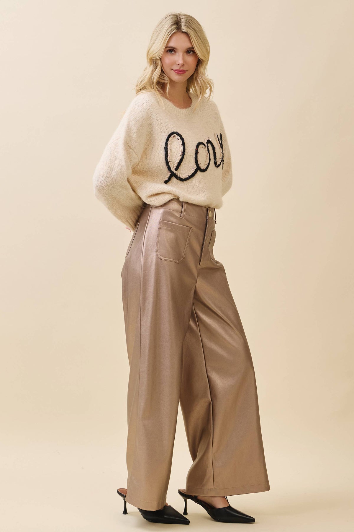 Metallic Wide-Leg Faux Leather Pants | Metallic Taupe