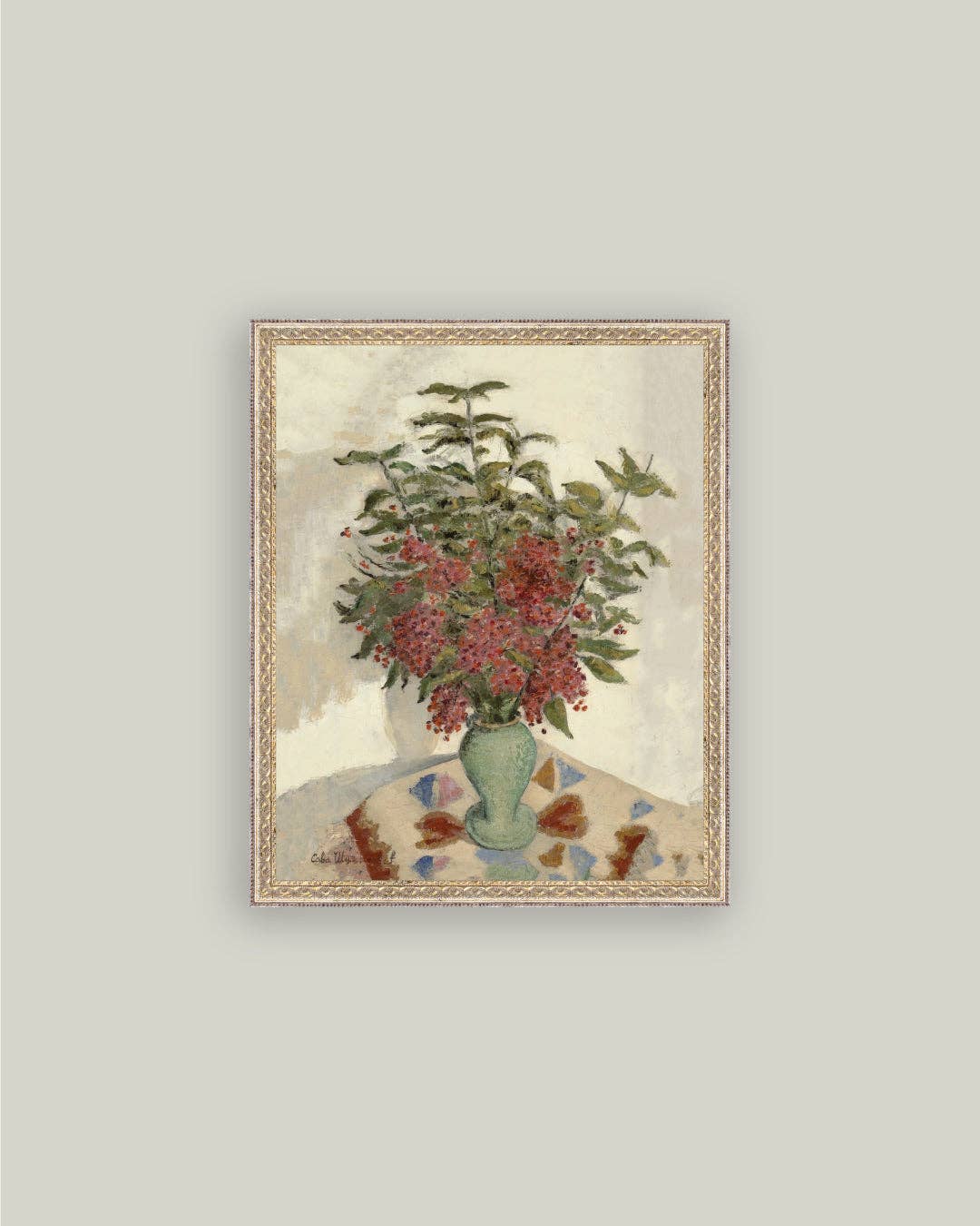 Red Hydrangeas Framed Antique Art: 12x16