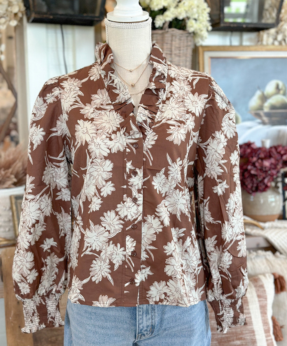 Brown Floral Print Ruffle Neck Long Sleeve Top
