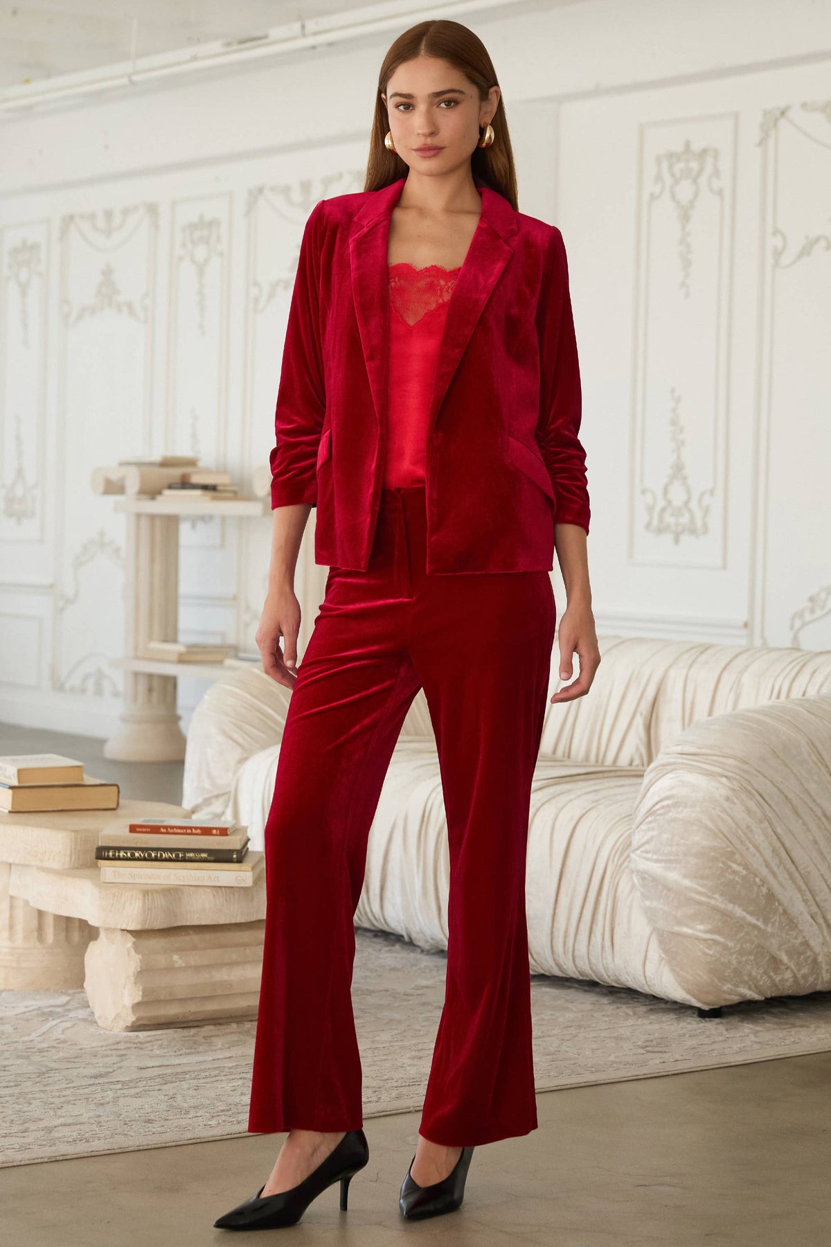 Velvet Luxe Ruched Sleeve Blazer |  Red