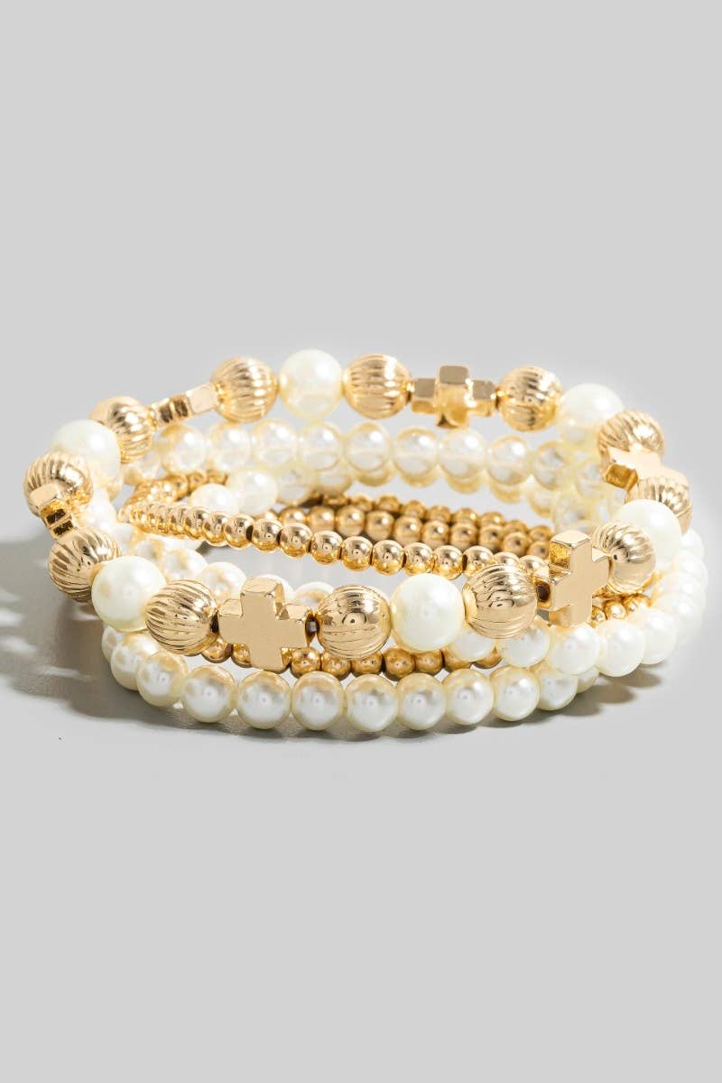 Pearl & Metallic Cross Charms Bracelet Set