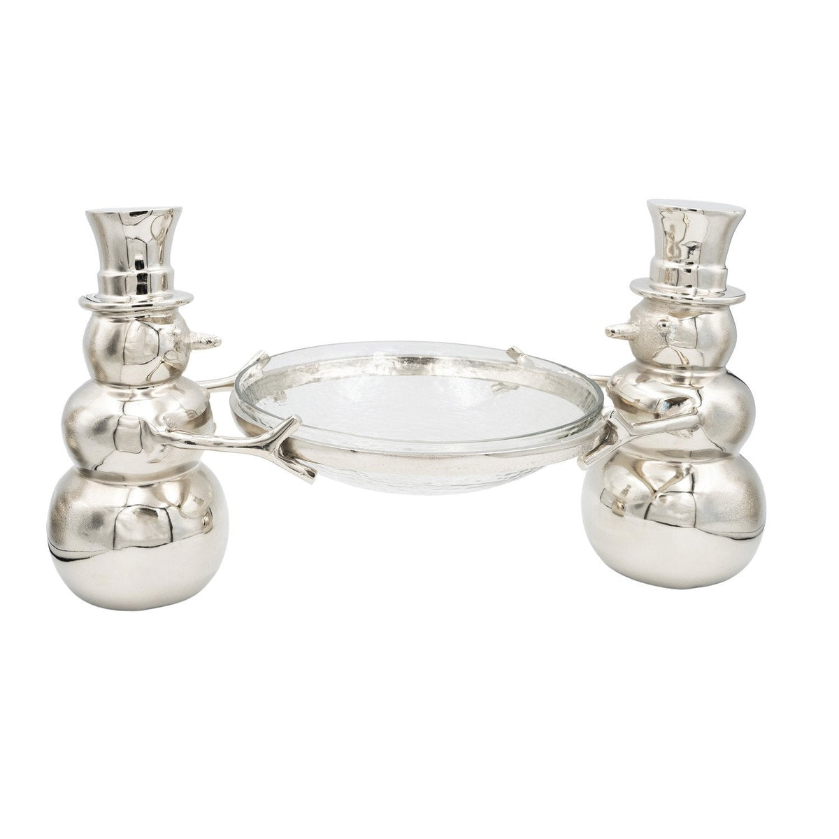 Cast Aluminum Snowmen Holding Hammered Glass Bowl