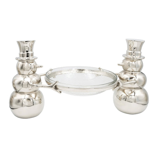 Cast Aluminum Snowmen Holding Hammered Glass Bowl