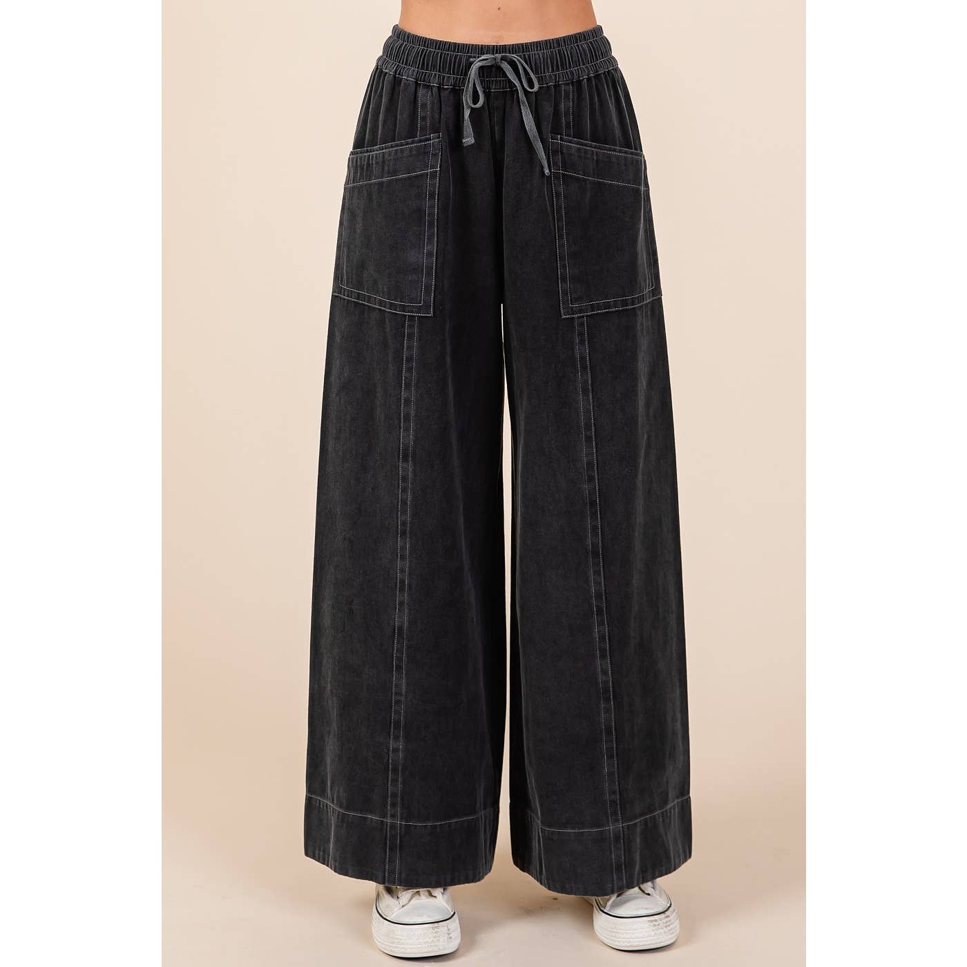 MINERAL WASH WIDE LEG ELASTIC WAIST TWILL PANTS: RED BEAN, S-M-L(2-2-2)