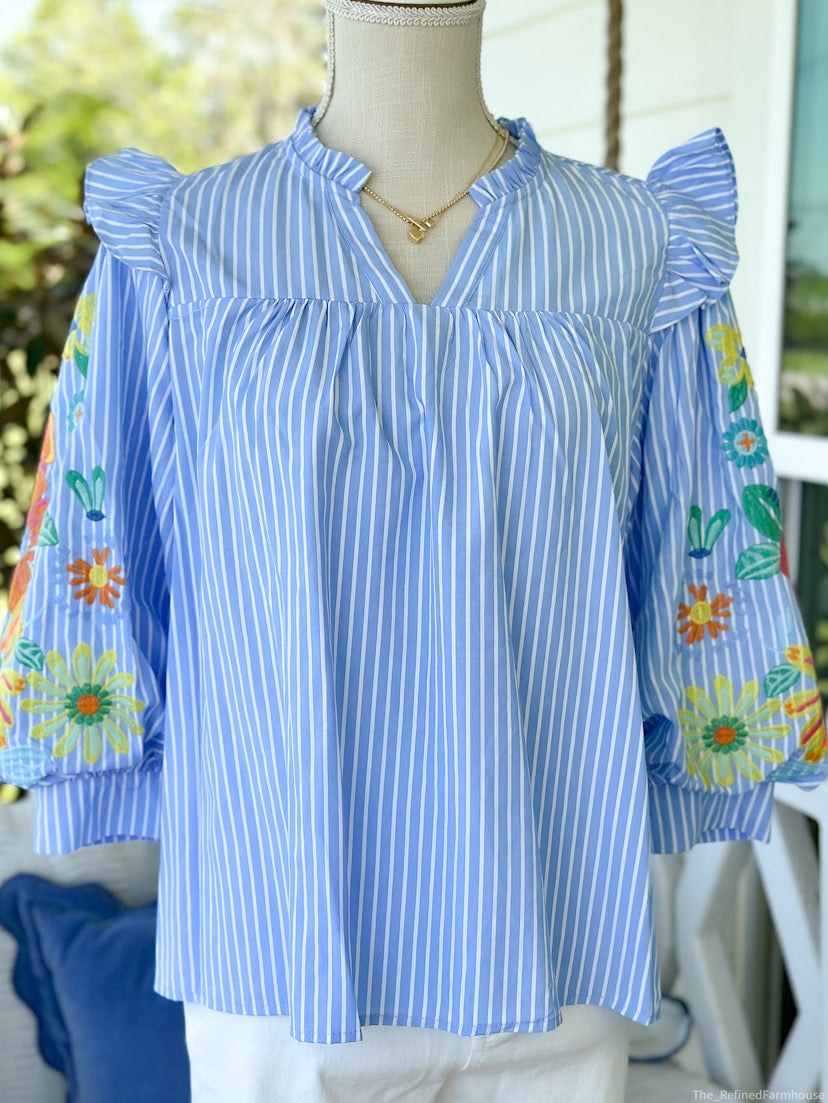 Sky Blue Striped 3/4 Embroidered Sleeves Top