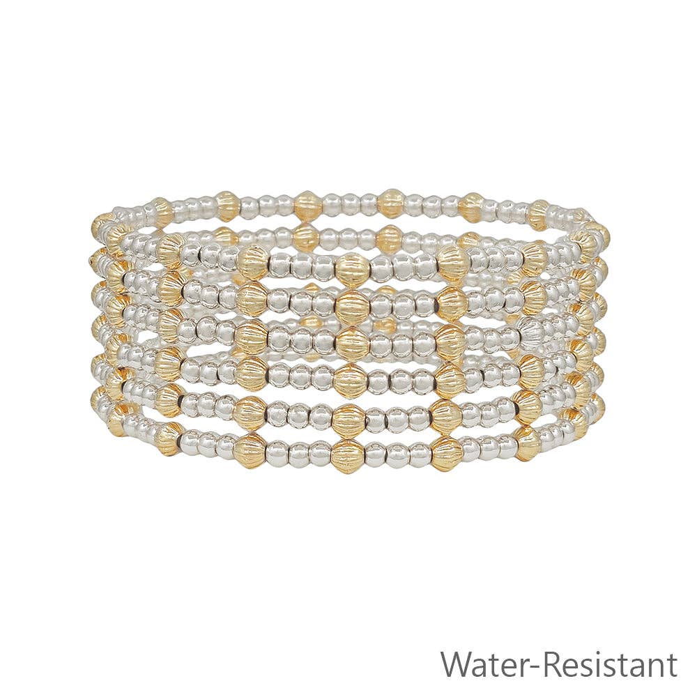 Water Resistant Set of 6 4MM and 3MM Gold and Silver Beaded Stretch Bracelets