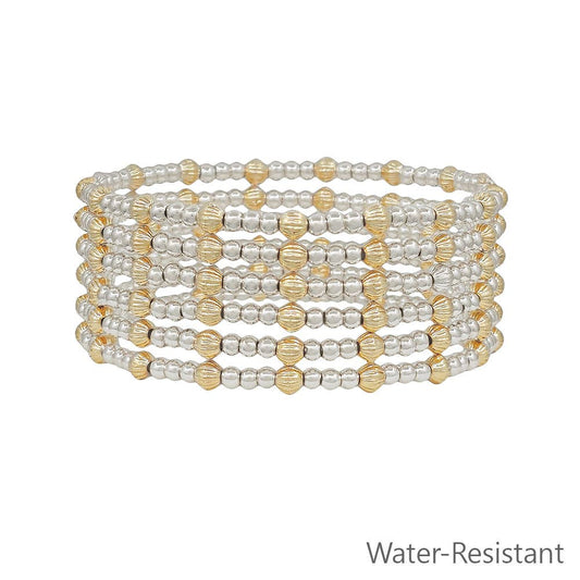 Water Resistant Set of 6 4MM and 3MM Gold and Silver Beaded Stretch Bracelets