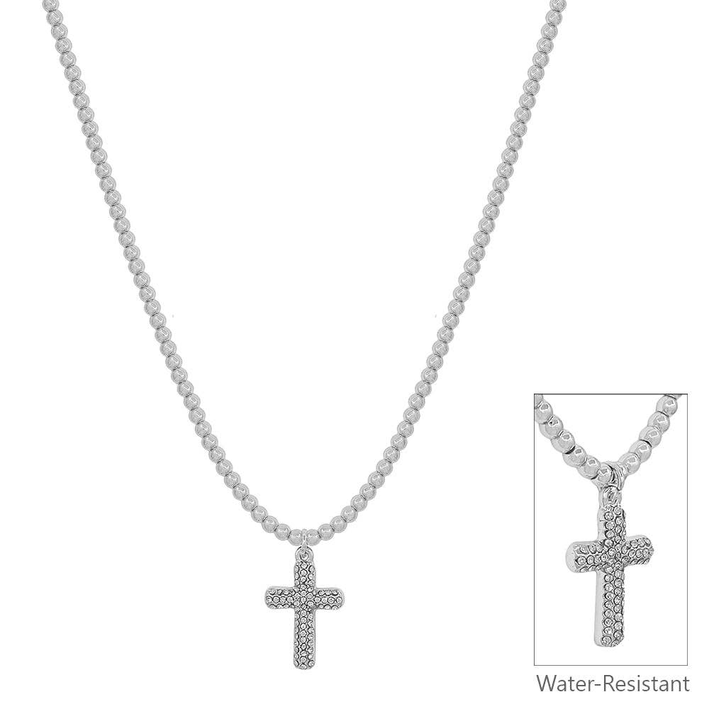 Water Resistant 3MM Silver Beaded with Rhinestone Cross Charm 16"-18" Necklace