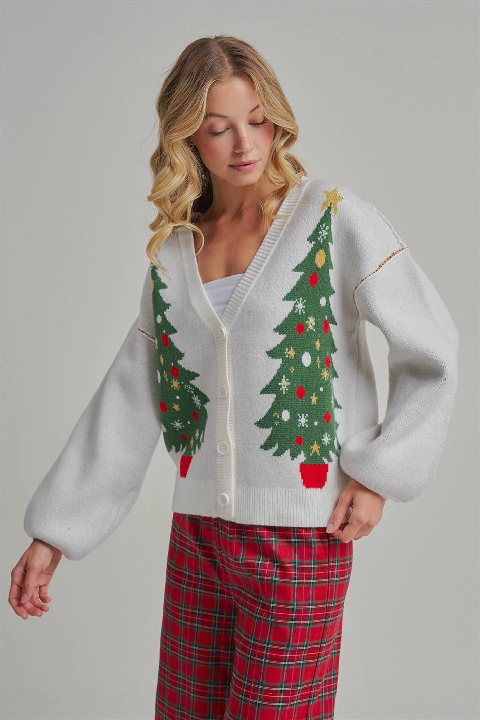 BIG CHRISTMAS TREE HOLIDAY BUTTON DOWN SWEATER CARDIGAN: OFF WHITE, S-M-L(2-2-2)