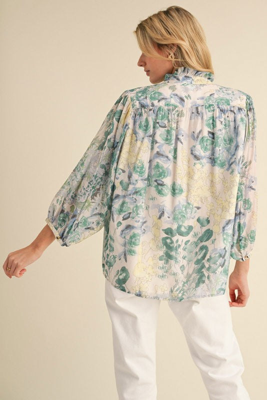 Green Mix Floral Print Chiffon Top