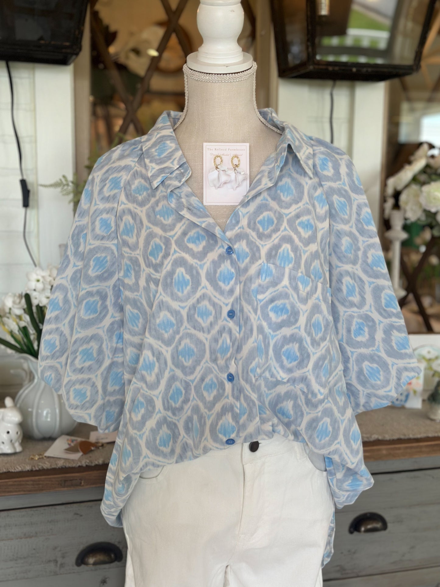 Geometric Printed Bubble Sleeve Button Down Top