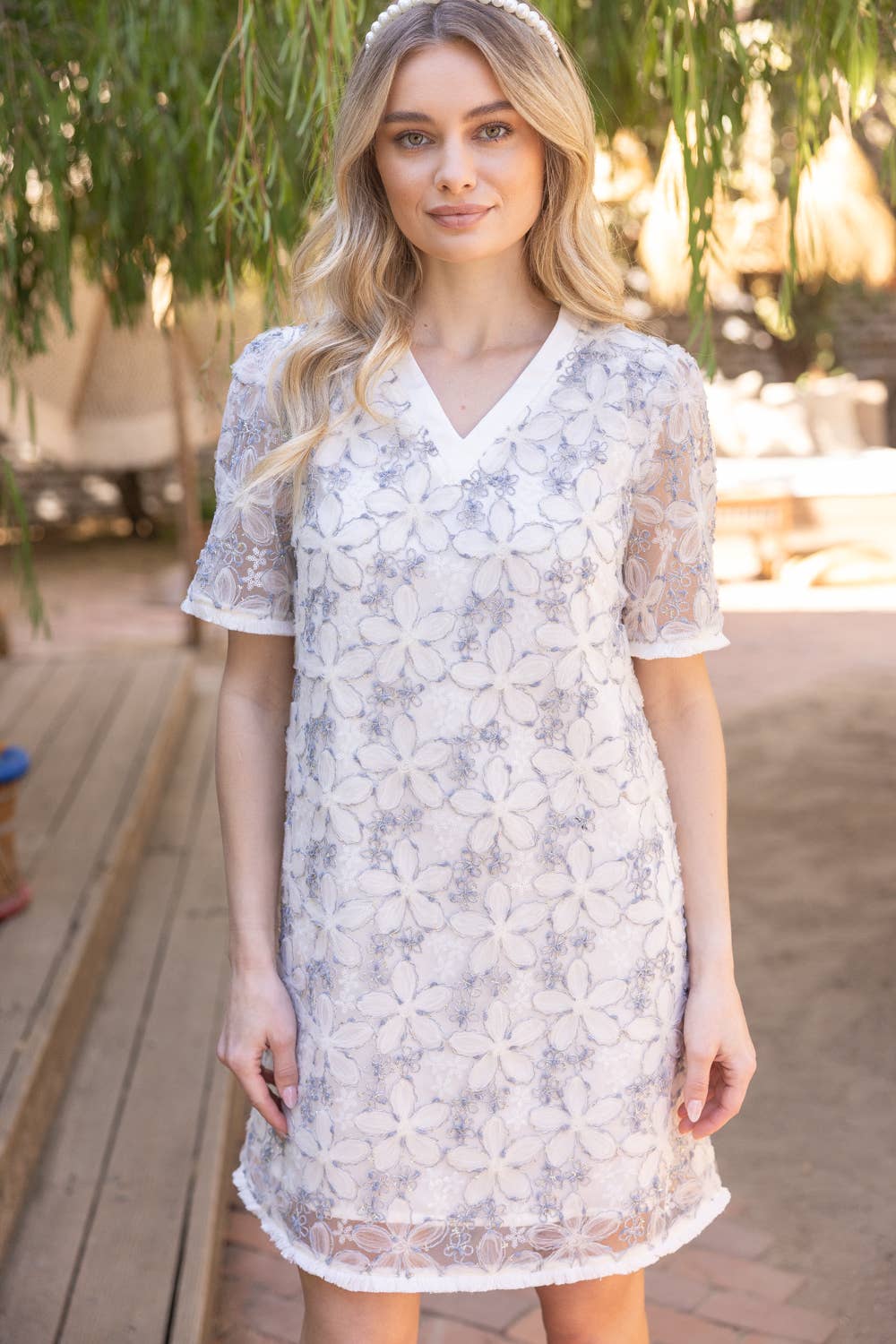 Fringed Floral Textured Mesh Shift Dress: Ivory