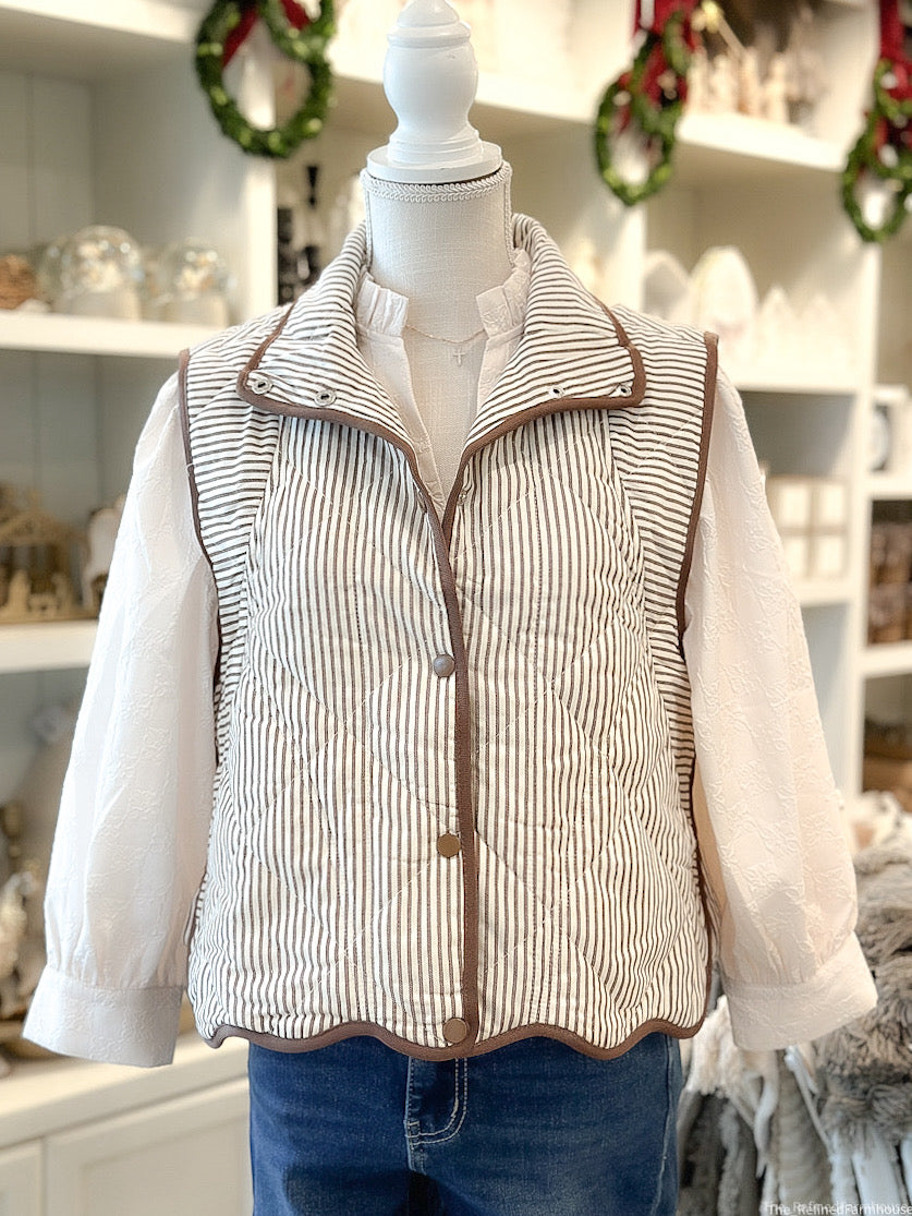Striped Brown/White quilted Vest w/scalloped hem