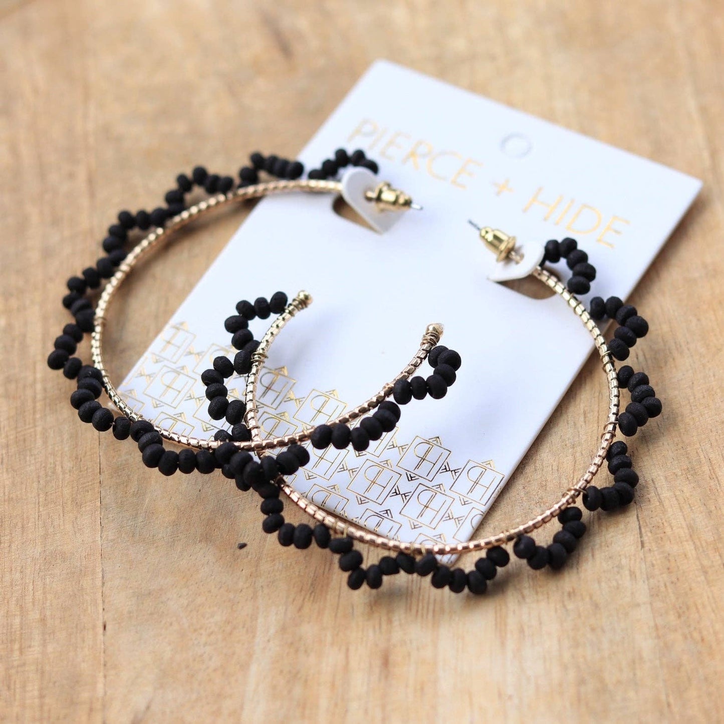 Black Wood Beaded Wrapped Hoops