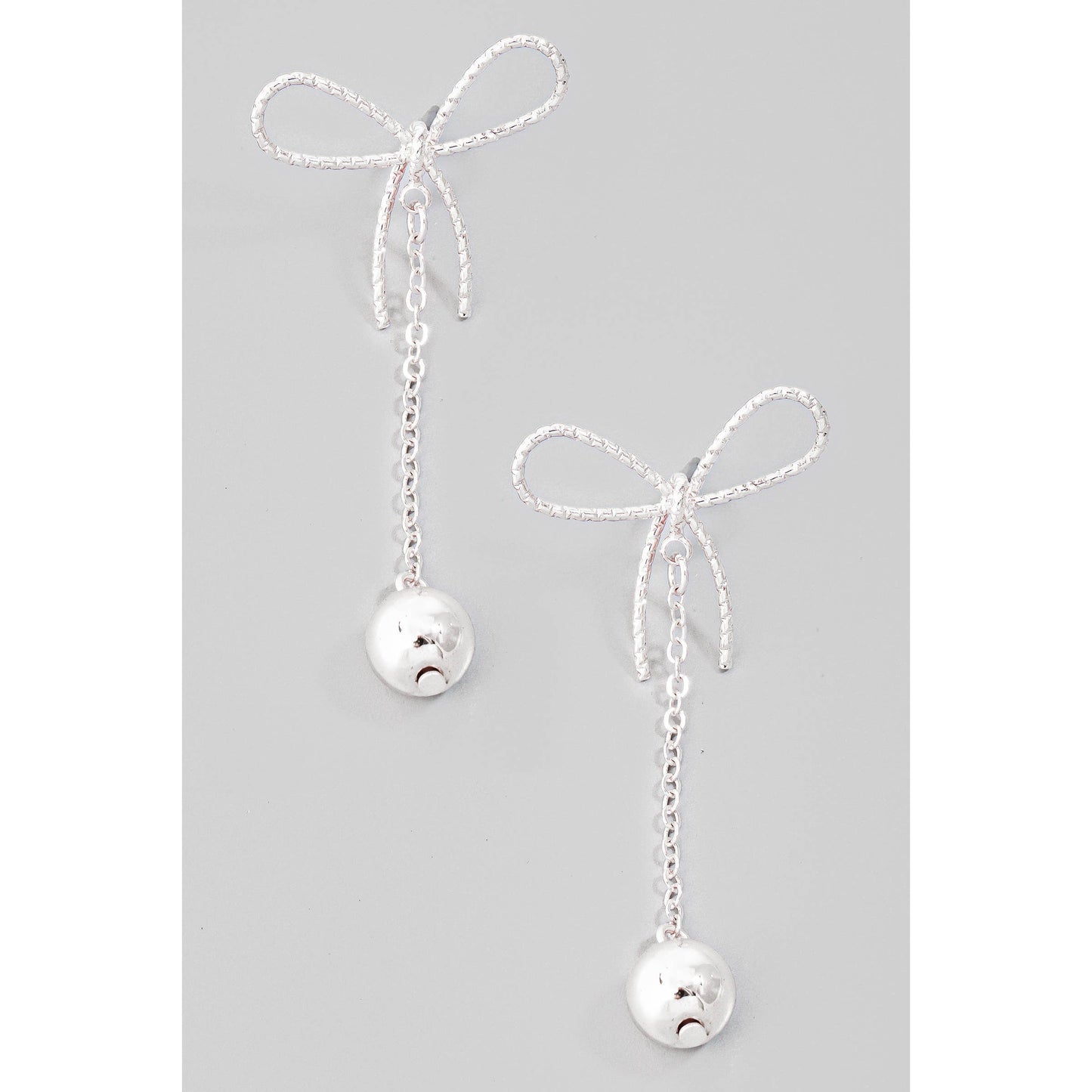 Metallic Ball Charm Chain Dangle Bow Stud Earrings: GD