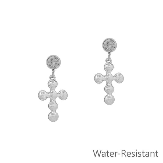 Water Resistant Beaded .5" Silver Cross with Crystal Stud Earring