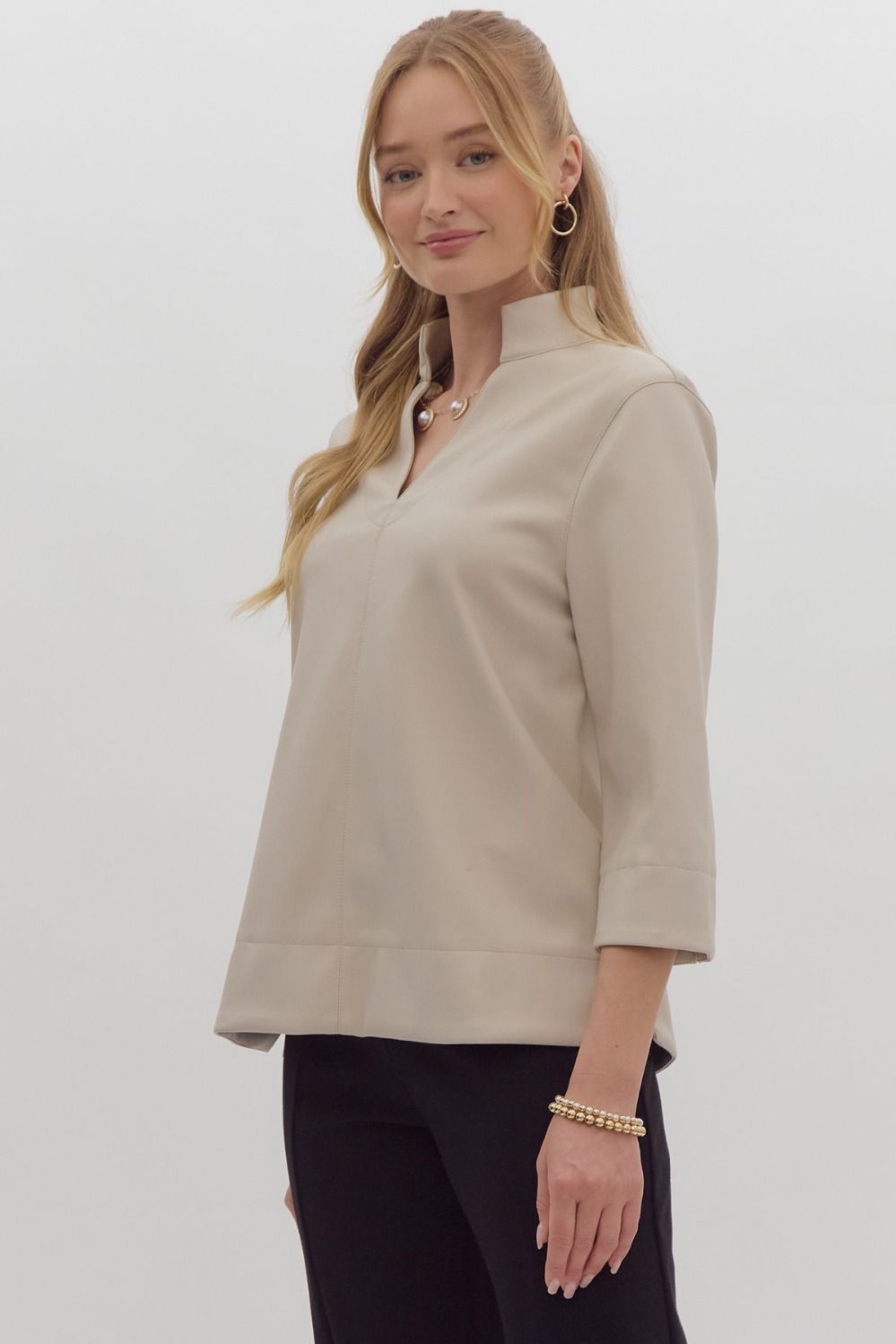 Ecru Faux Leather V-Neck 3/4 Sleeve Top