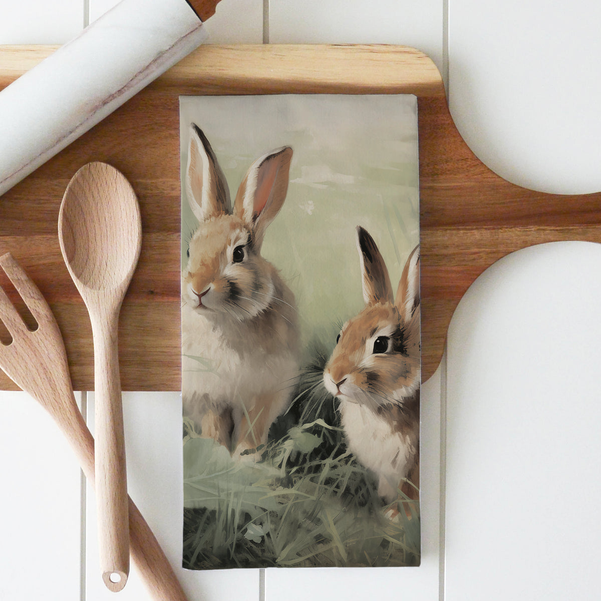 Vintage Bunny Kitchen Tea Towel: Natural • Cotton/Linen Blend