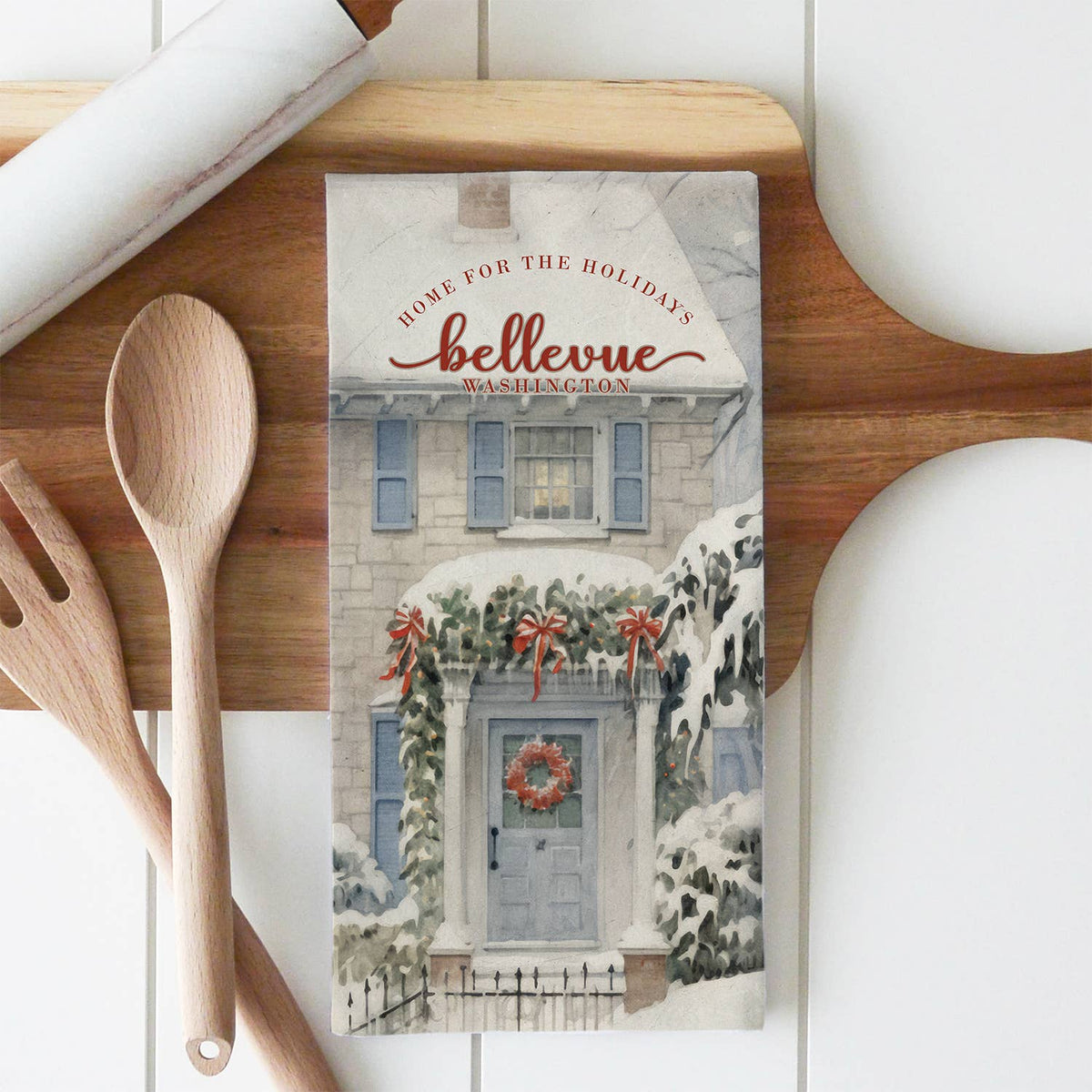 Custom Snowy Home Tea Towel: White