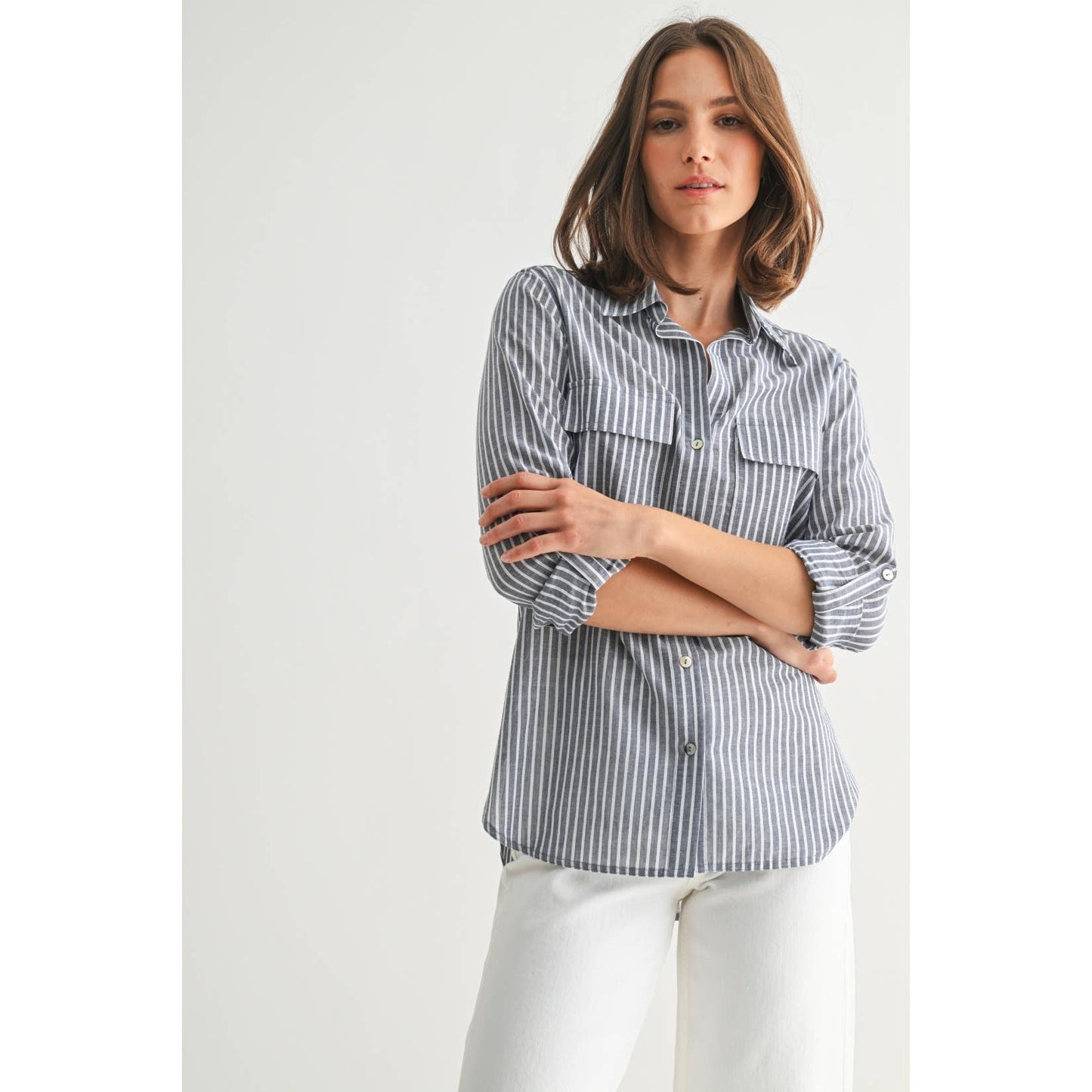 STRIPE 2POCKET SHIRTS: Navy, S-M-L(2-2-2)