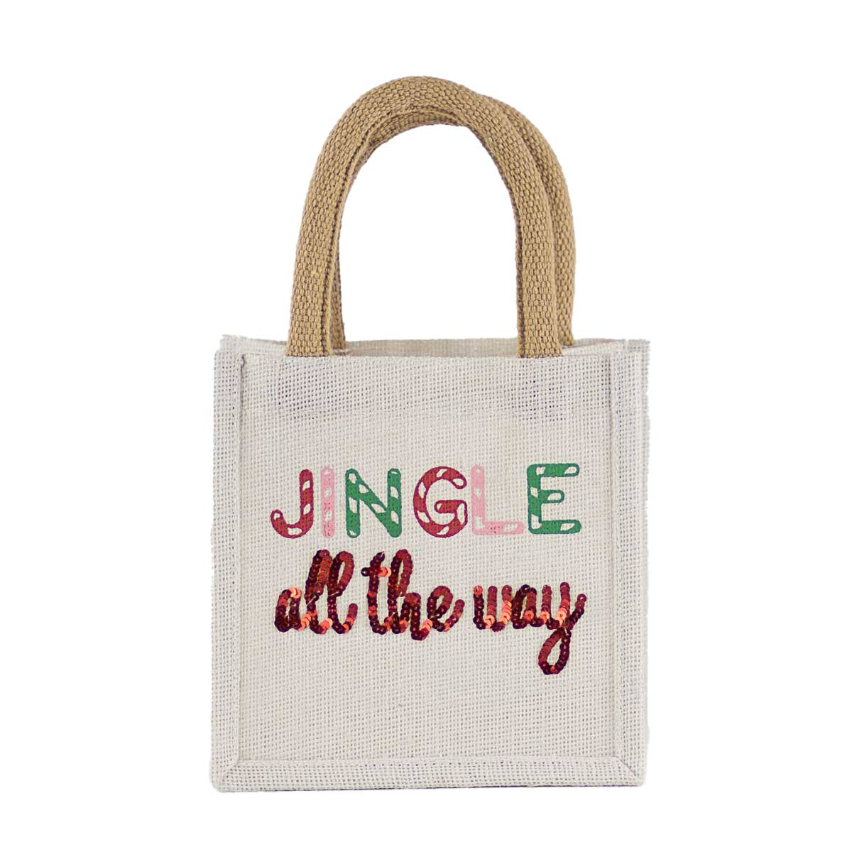 Jingle All the Way Petite Gift Tote   White/Green/Red   7x7x5