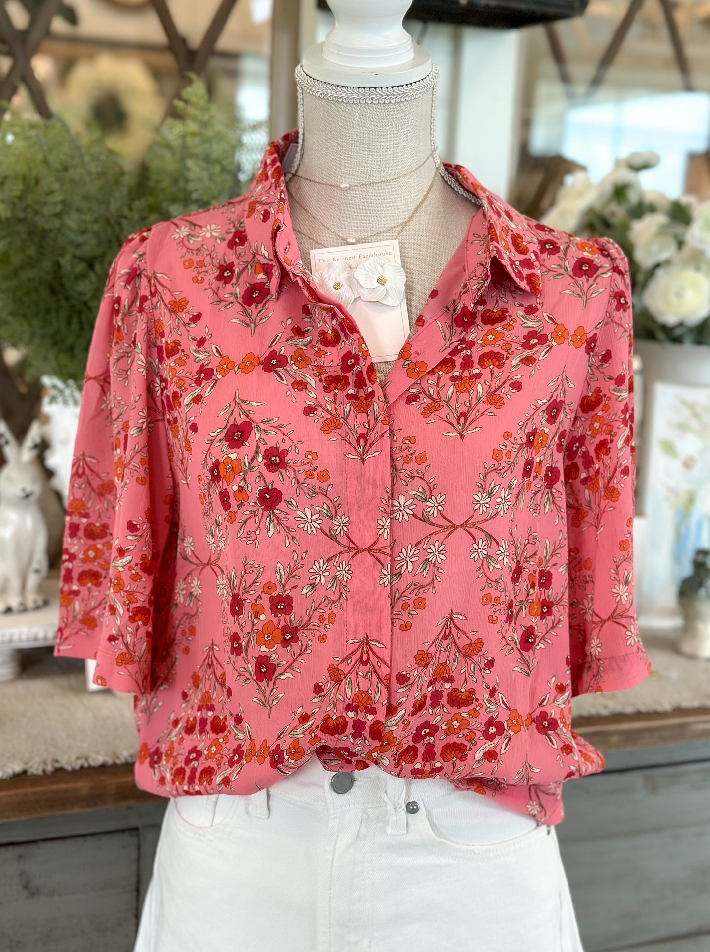 Rose Red Floral Wide Short Sleeve Top