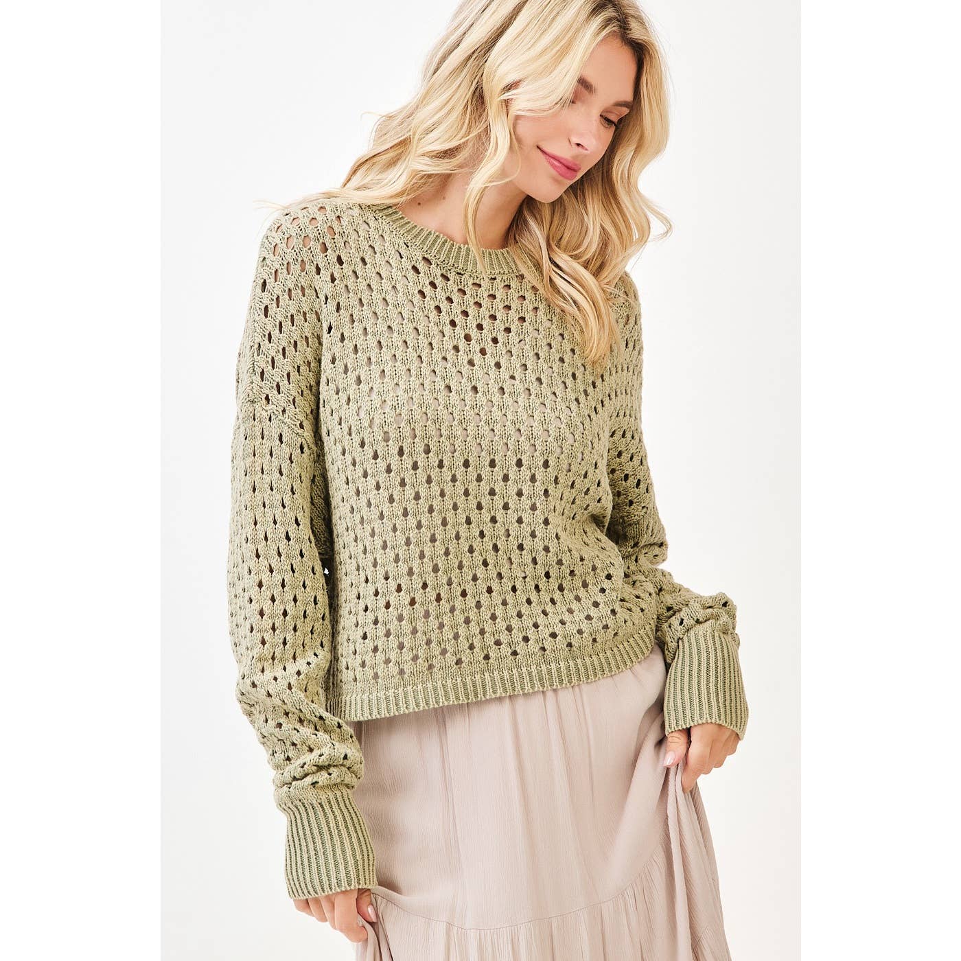 Mineral Wash Crochet Pullover Sweater | Mocha