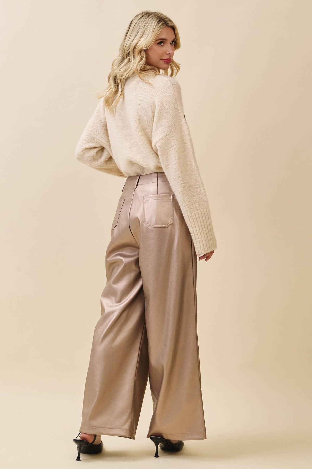 Metallic Wide-Leg Faux Leather Pants | Metallic Taupe