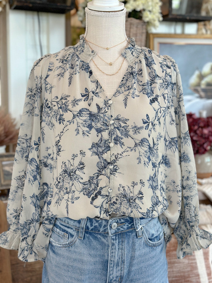 Taupe & Blue Floral Long Sleeve Top