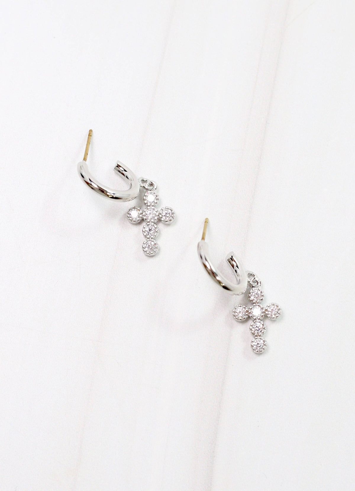 Camellia CZ Cross Hoop Earring Silver