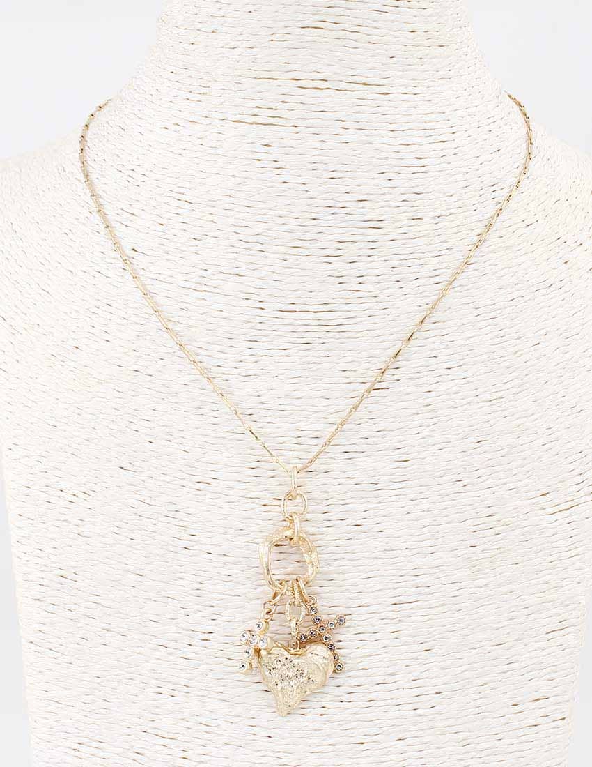 Gold Hammered Heart and Cross Charm 16"-18" Necklace