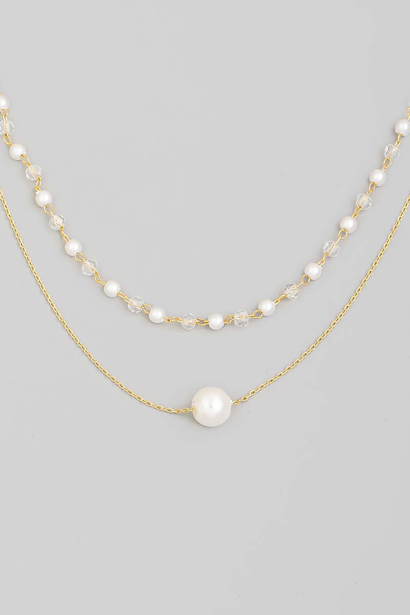 Dainty Layered Chain Pearl Bead Charm Necklace: Gold