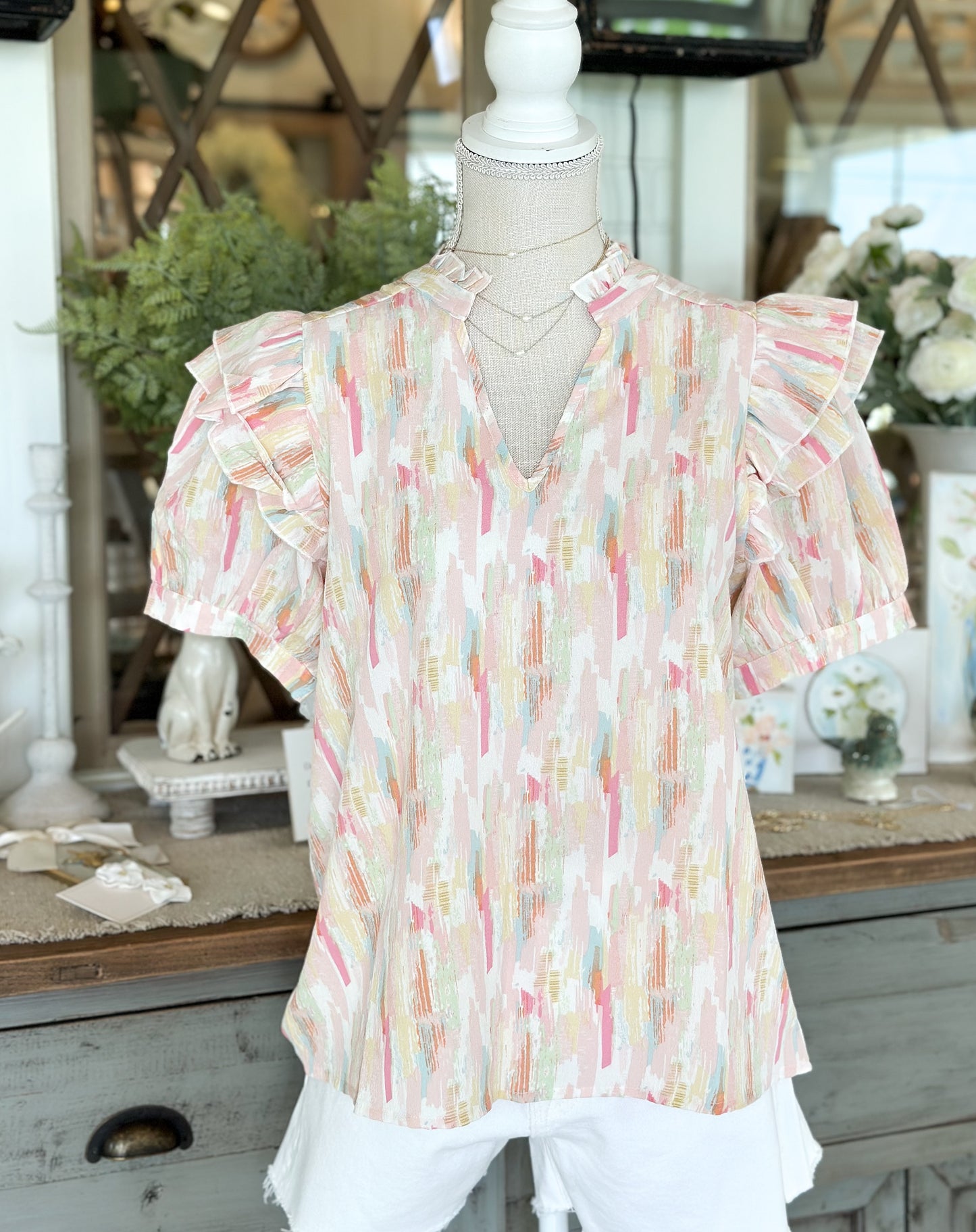 Blush Mix Print Short Peasant Sleeves Top