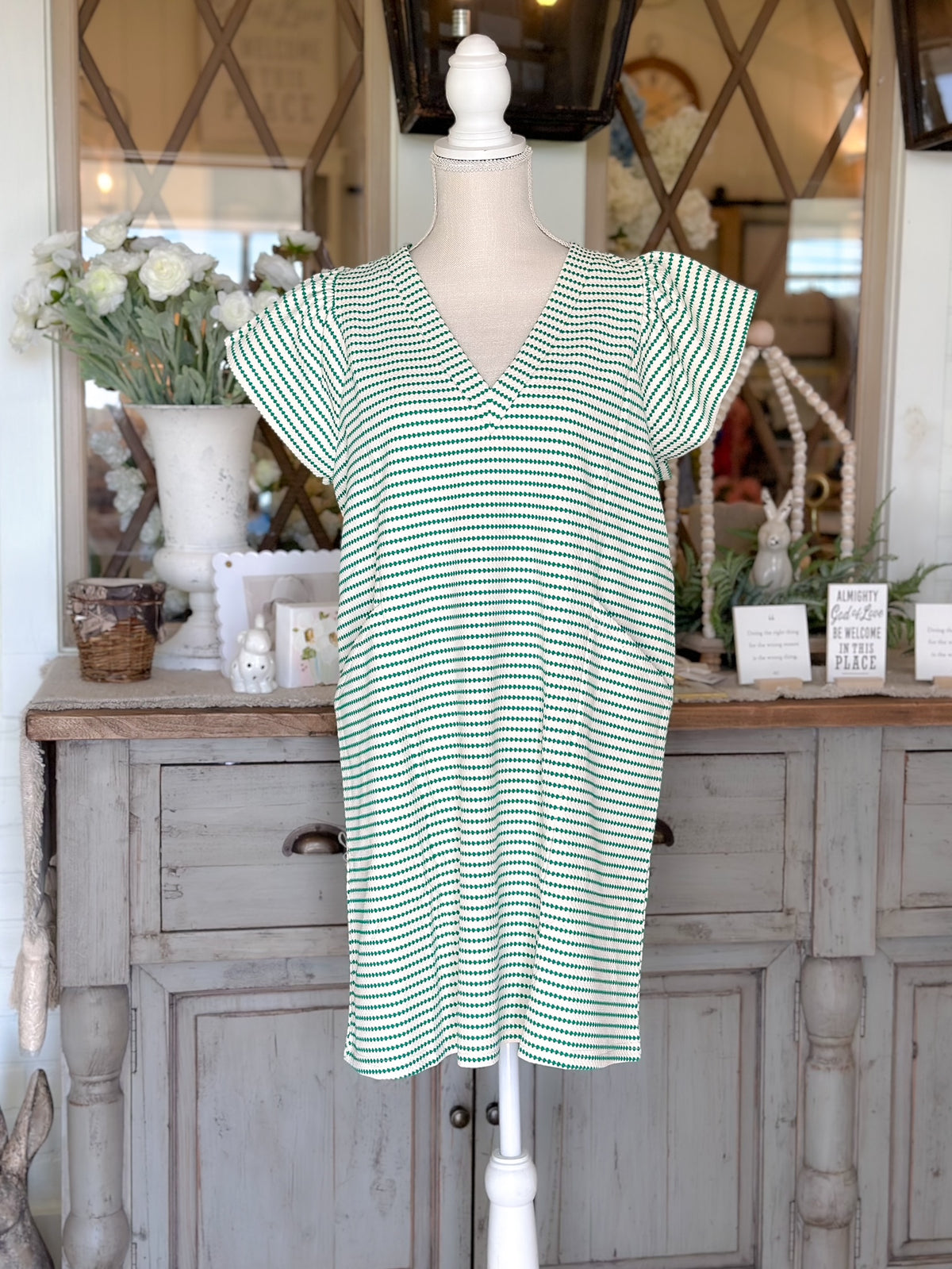 Green/White Stripe Dress