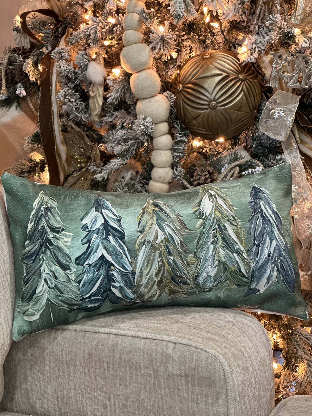 Emerald Frost Trees Lumbar Pillow: 12x24