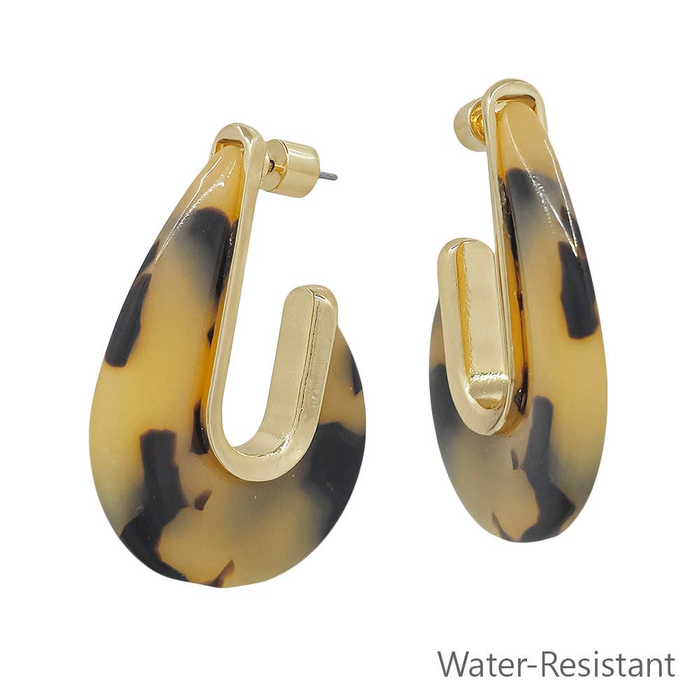 Water Resistant Tortoise Acrylic and Gold Teardrop 2" Earring