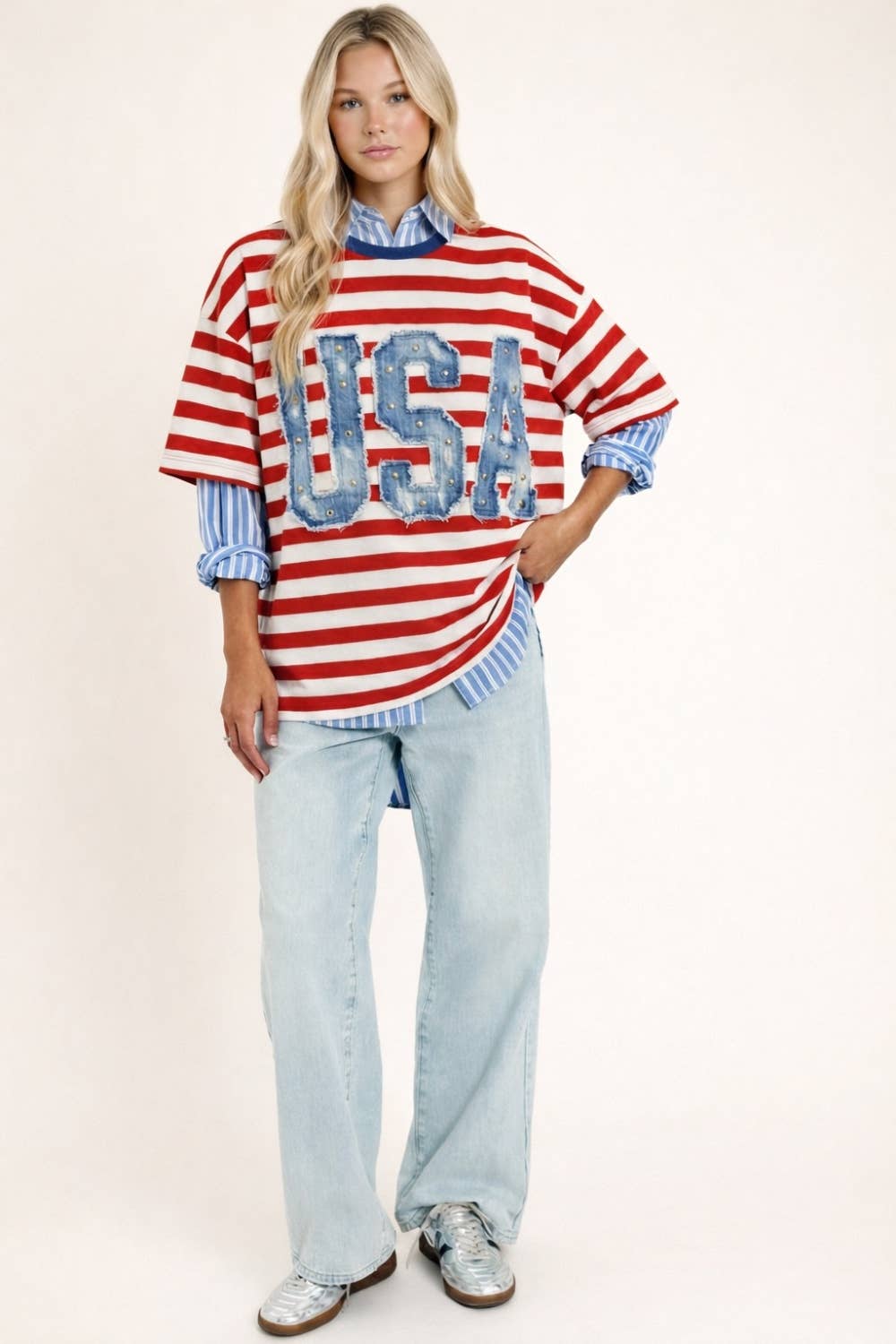 4th of July Oversized Americana-style tee: RED, XL