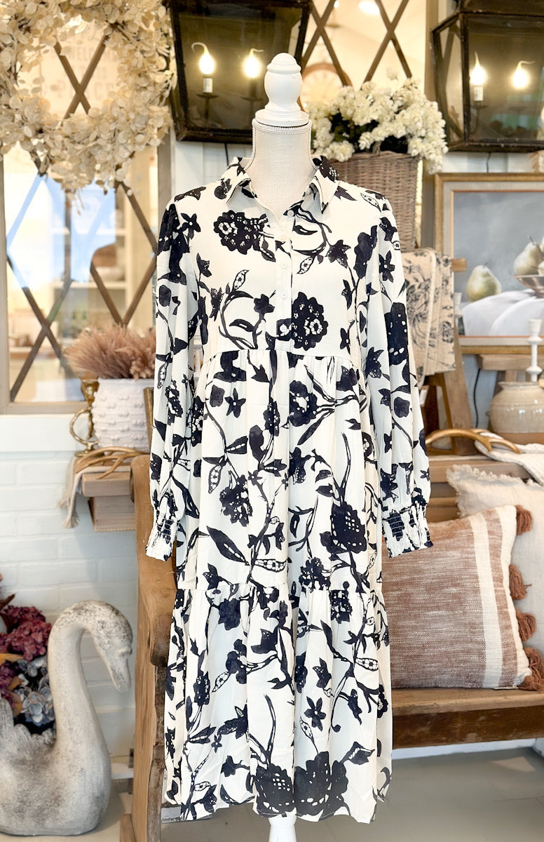 Flower Print Midi Dress with Pockets Black/Ivory