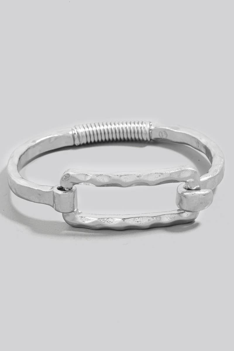 Hammered Rectangle Coil Spring Hook Bangle Bracelet: WG