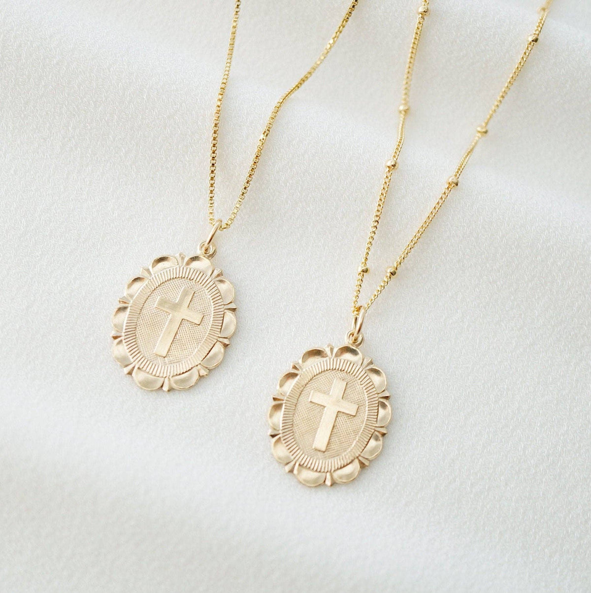 Cross Coin Medallion Necklace (Monet) in 14K Gold Fill: Sterling Silver, 16" Satellite