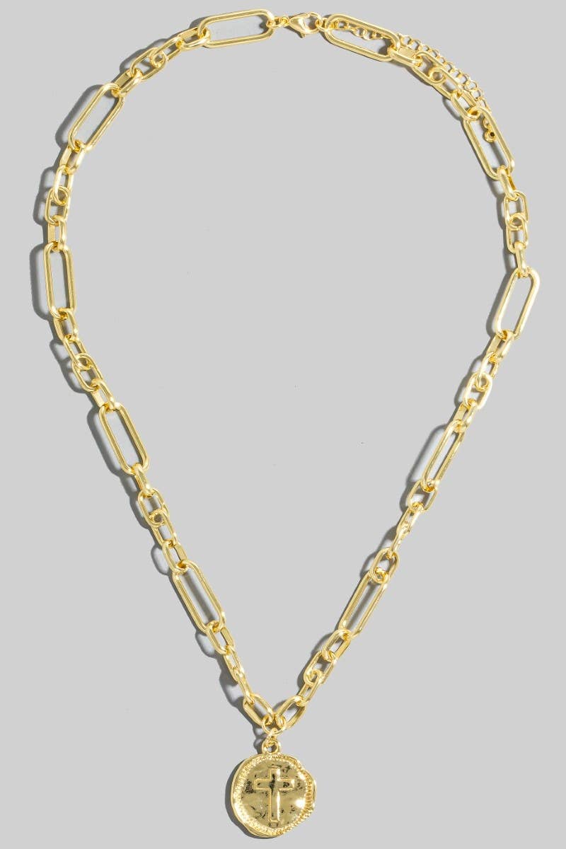 Gold Dipped Cross Coin Pendant Chain Necklace: GOLD