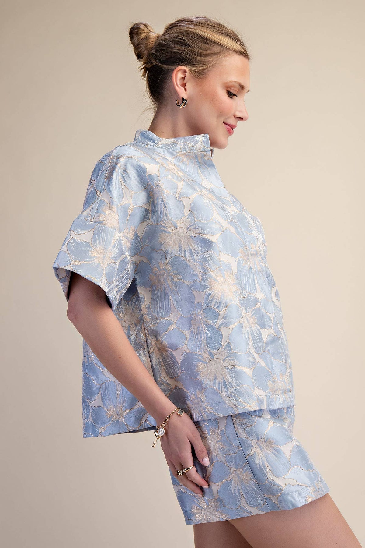 Powder Blue Bloom Jacquard Top