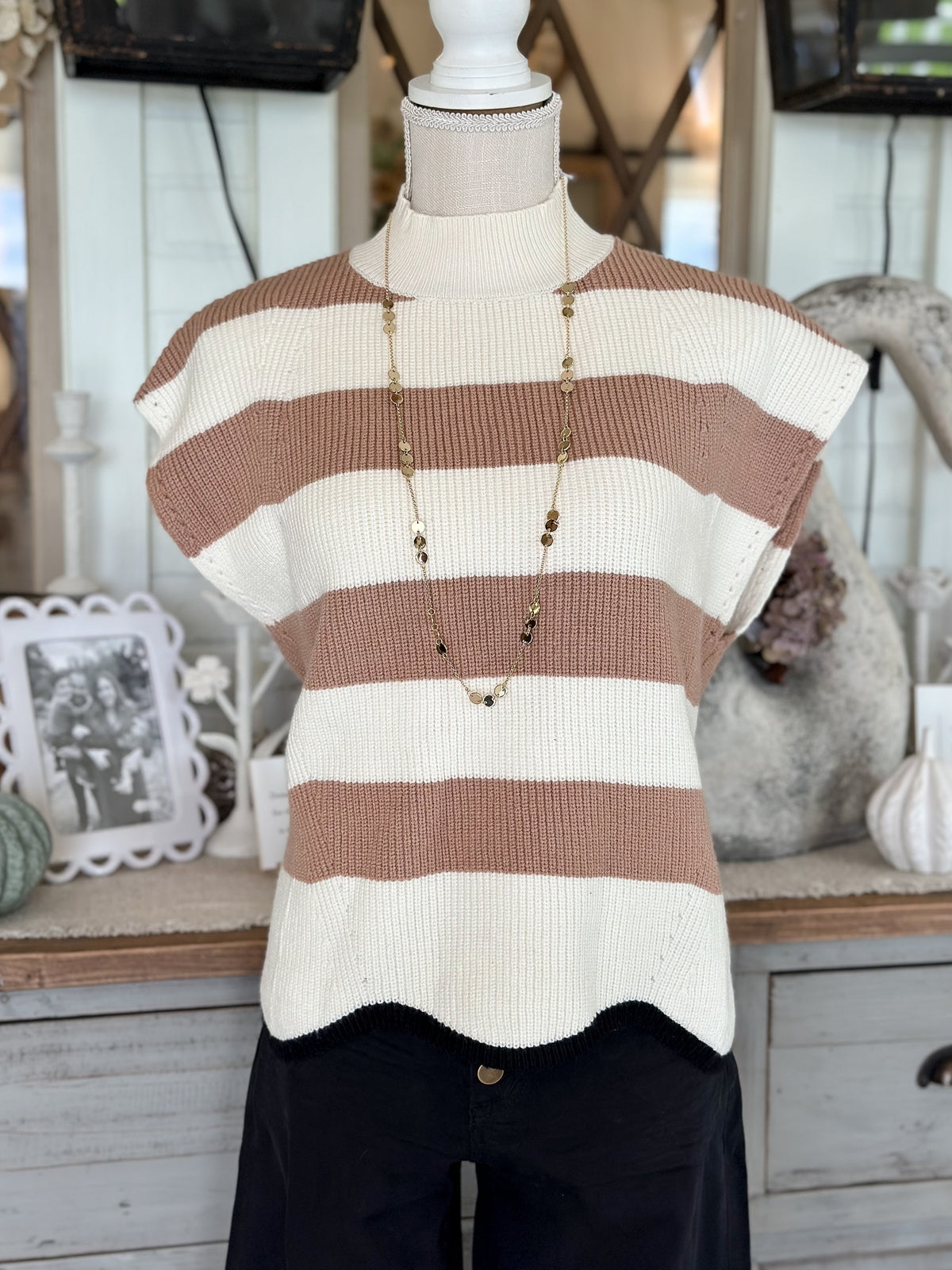 Striped Mock Neck Sleeveless Sweater