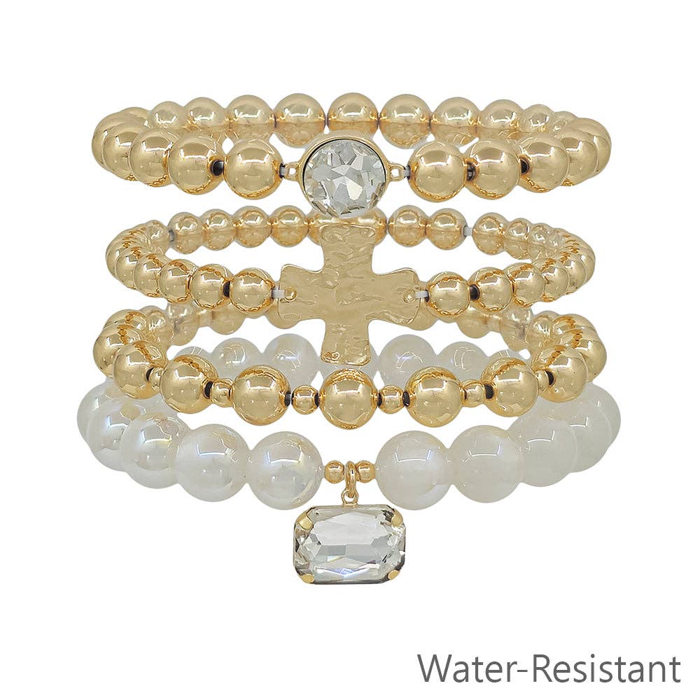 Water Resistant Set of 4 Cross and White Crystal Beaded Stretch Bracelets